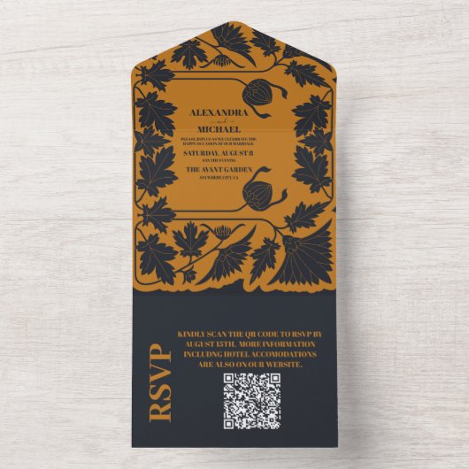 QR Code Goud Blauw Art Nouveau Bruiloft All In One Uitnodiging (Binnen)