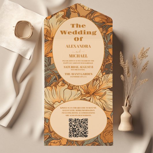 QR Code Goud Bloemen Art Nouveau Bruiloft All In One Uitnodiging