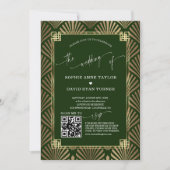 QR Code Goud Donkergroen Art Deco Bruiloft Kaart (Voorkant)