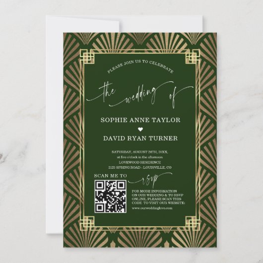 QR Code Goud Donkergroen Art Deco Bruiloft Kaart (Voorkant)
