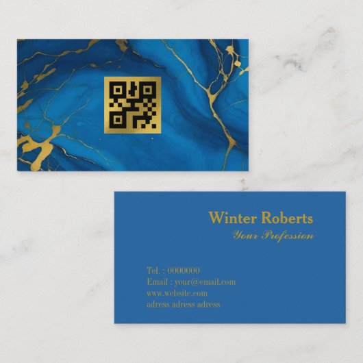 QR code goud glitter blauw marmer Visitekaartje (Voorkant / Achterkant)
