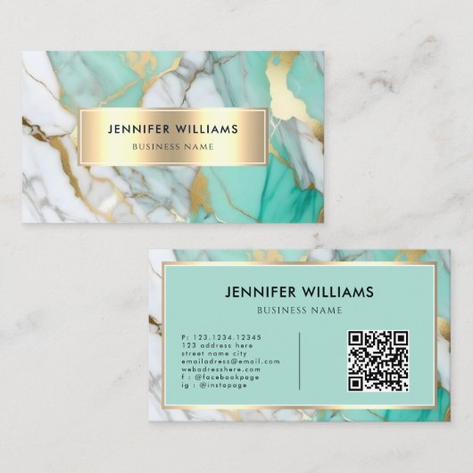 QR Code Goud Groen Marmer Elegant Modern Visitekaartje (Voorkant / Achterkant)
