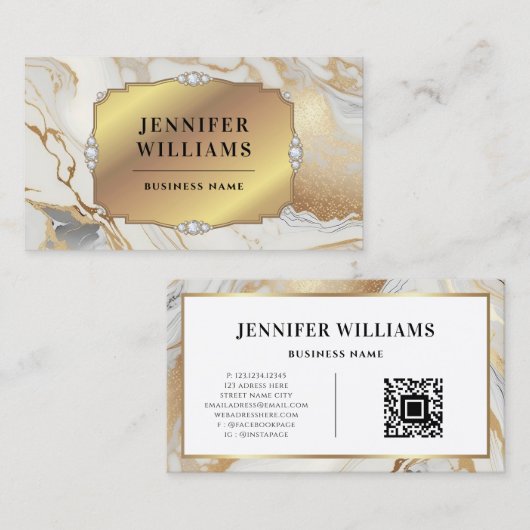 QR Code Goud Lijst Elegant Wit Marmer Modern Visitekaartje (Voorkant / Achterkant)