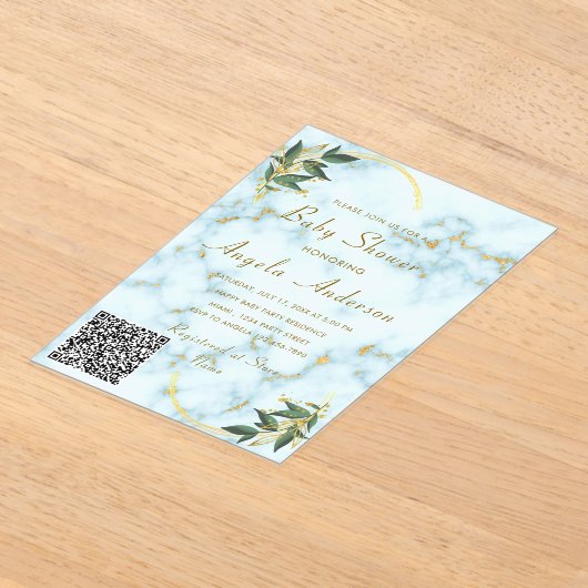 QR Code Goud Marmer Acryl Baby shower Uitnodiging (Laagn)
