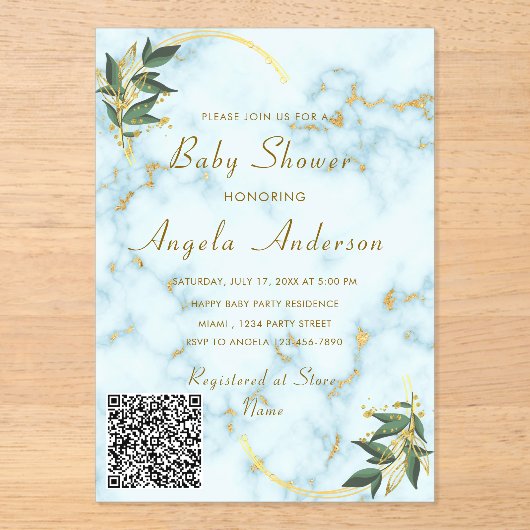 QR Code Goud Marmer Acryl Baby shower Uitnodiging (Voorkant)