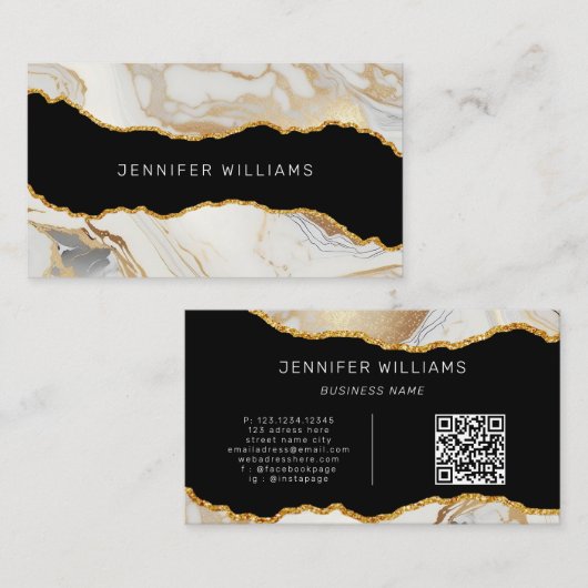 QR Code Goud Wit Marmeren Agaat Elegant Visitekaartje (Voorkant / Achterkant)