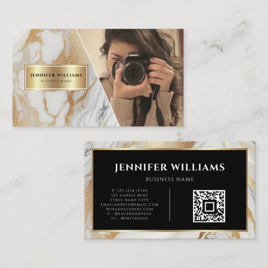 QR Code Goud Wit Marmeren Fotograaf Modern Visitekaartje (Voorkant / Achterkant)