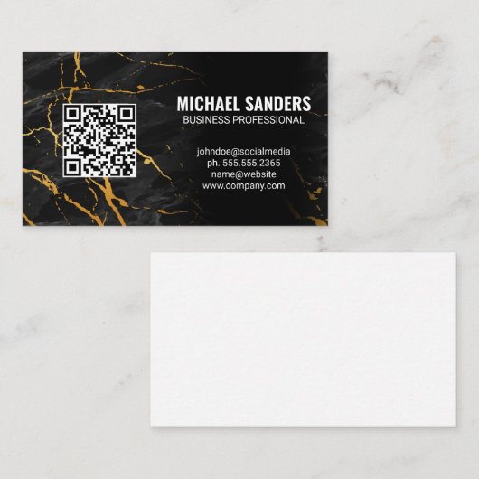 QR-code | Goud Zwart Marmer Visitekaartje (Voorkant / Achterkant)