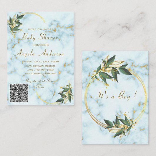 QR Code Gouden Marmeren Baby Shower Uitnodigingen (Voorkant / Achterkant)