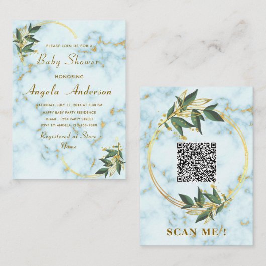 QR Code Gouden Marmeren Baby Shower Uitnodigingen (Voorkant / Achterkant)