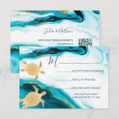 QR-code | Gouden Zeeen Turtles Turquoise Beach Wed RSVP Kaartje (Voorkant / Achterkant)