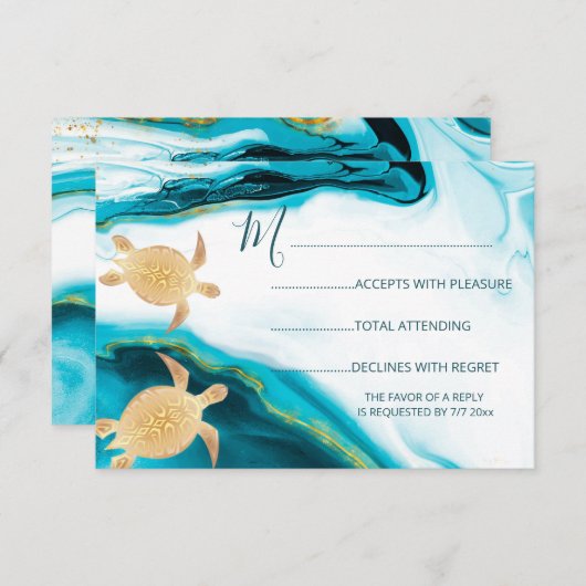 QR-code | Gouden Zeeen Turtles Turquoise Beach Wed RSVP Kaartje (Voorkant / Achterkant)