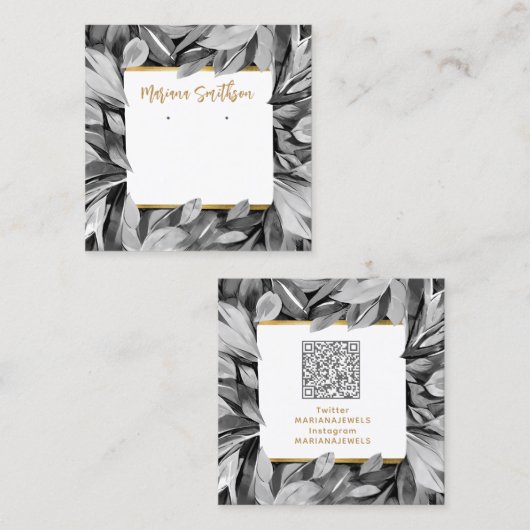 QR Code Grijs Gouden Blad Oorbellen Displaykaarten Vierkante Visitekaartje (Voorkant / Achterkant)