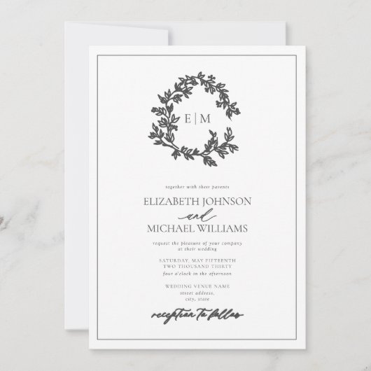 QR Code Grijze Leafy Crest Monogram Weddenschap Kaart (Voorkant)