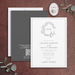 QR Code Grijze Leafy Crest Monogram Weddenschap Kaart