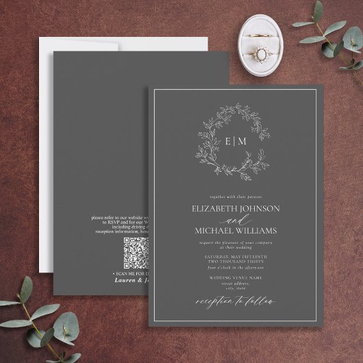 QR Code Grijze Leafy Crest Monogram Weddenschap Kaart