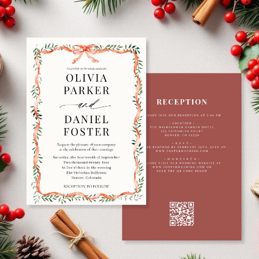 QR-code groen blad en rode lint & strik bruiloft Kaart