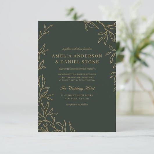 QR Code Groen Goud Minimal Leaf Wedding Kaart (Staand voorkant)