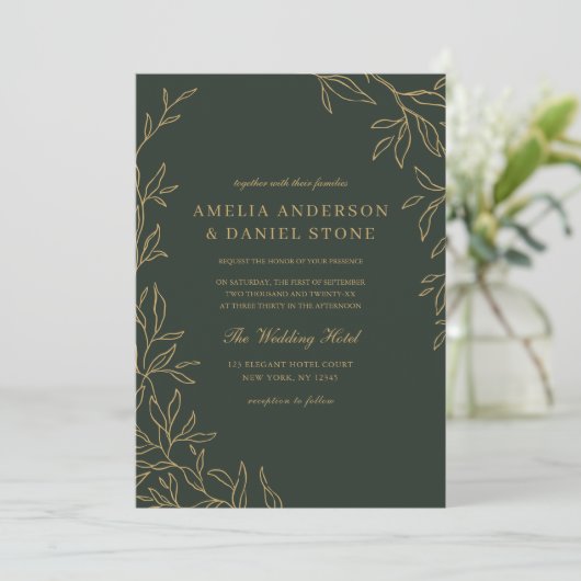 QR Code Groen Goud Minimal Leaf Wedding Kaart (Staand voorkant)