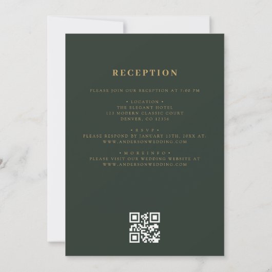 QR Code Groen Goud Minimal Leaf Wedding Kaart (Achterkant)