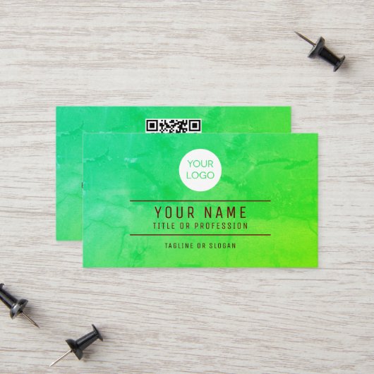 QR Code Groene Abstracte Naam Professionele Logo Contactkaartje (Voorkant / Achterkant in situ)
