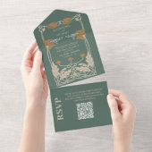 QR Code Groene Art Nouveau Bruiloft All In One Uitnodiging (Afscheurbaar)