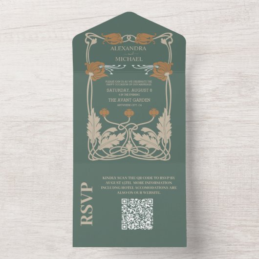 QR Code Groene Art Nouveau Bruiloft All In One Uitnodiging (Binnen)