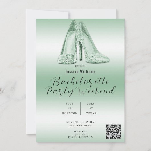 QR CODE Groene Glitter Schoenen Bachelorette Kaart (Voorkant)