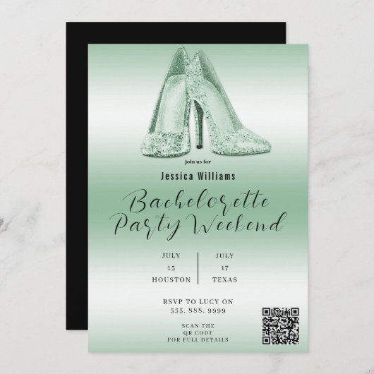 QR CODE Groene Glitter Schoenen Bachelorette Kaart (Voorkant / Achterkant)