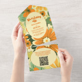 QR Code Groovy Boho Retro Bloem Bruiloft All In One Uitnodiging (Afscheurbaar)
