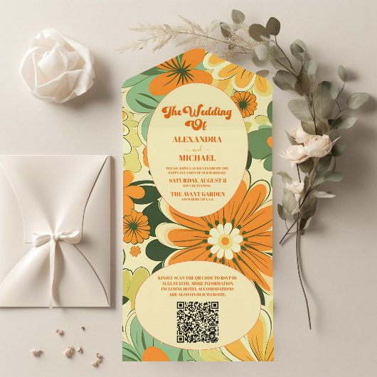 QR Code Groovy Boho Retro Bloemen Bruiloft All In One Uitnodiging