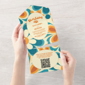 QR Code Groovy Kleurrijk Uniek Retro Bruiloft All In One Uitnodiging (Afscheurbaar)