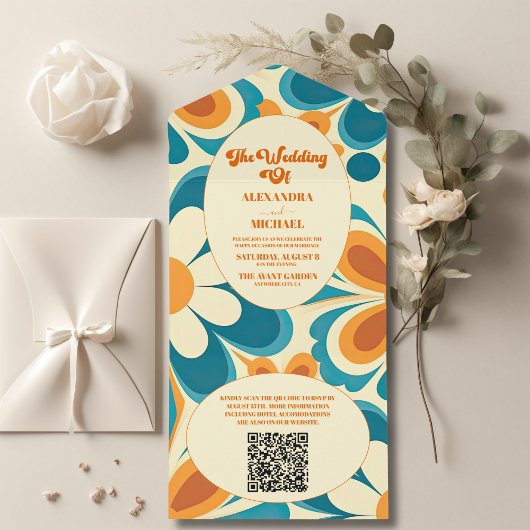 QR Code Groovy Kleurrijk Uniek Retro Bruiloft All In One Uitnodiging