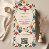 QR Code Groovy Retro 70s Bloemenbruiloft All In One Uitnodiging