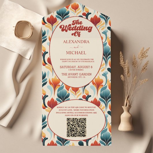QR Code Groovy Retro 70s Bloemige Bruiloft All In One Uitnodiging
