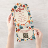 QR Code Groovy Retro 70s Bloemige Bruiloft All In One Uitnodiging (Afscheurbaar)