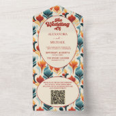 QR Code Groovy Retro 70s Bloemige Bruiloft All In One Uitnodiging (Binnen)