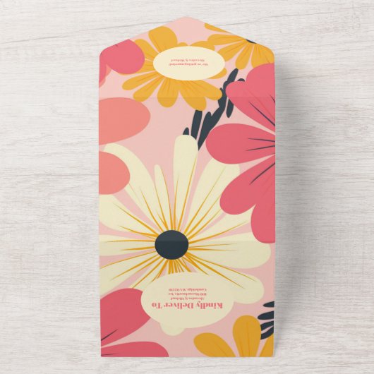 QR Code Groovy Retro Roze & Gouden Bruiloft All In One Uitnodiging (Buitenkant)