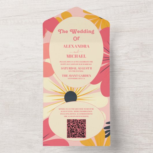 QR Code Groovy Retro Roze & Gouden Bruiloft All In One Uitnodiging (Binnen)