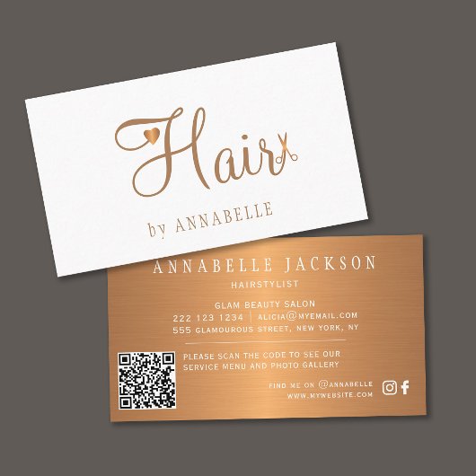 QR CODE haarsalon goudglanzen metalen haarstylist Visitekaartje