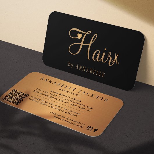 QR CODE haarsalon zwart goud metalen haarstylist Visitekaartje