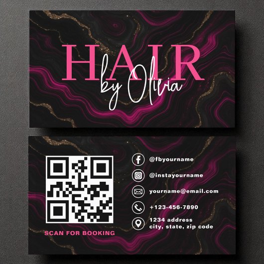 QR Code Hair Stylist Agate Hot Pink Black Visitekaartje