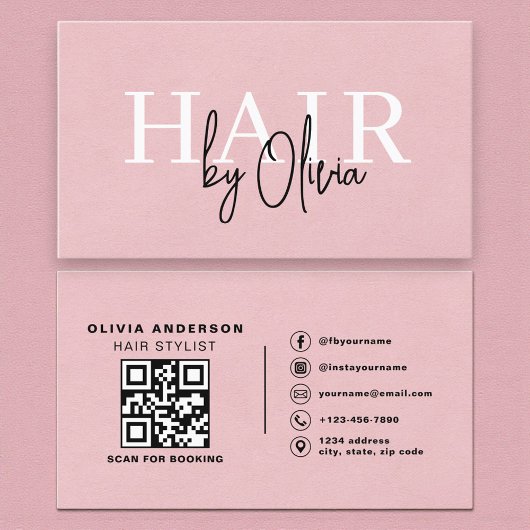 QR Code Hair Stylist Pink Suede Typography  Visitekaartje