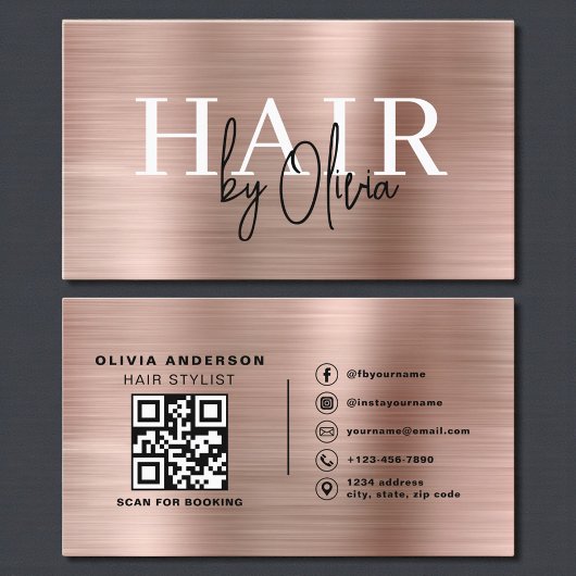 QR Code Hair Stylist Rose Gold Faux Metallic Visitekaartje