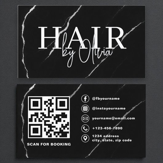 QR Code Hair Stylist Zilver Zwart Marmer Visitekaartje