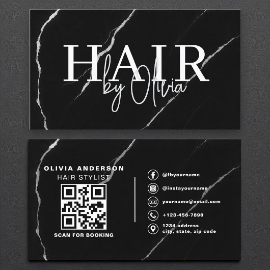QR Code Hair Stylist Zilver Zwart Marmer Visitekaartje