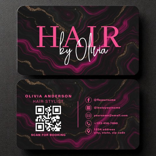 QR Code Hair Stylist Zwart Hot Pink Agaat Marmer Visitekaartje