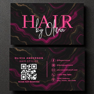 QR Code Hair Stylist Zwart Hot Pink Marmer Visitekaartje