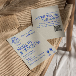 QR Code Hand Drawn Blue Cake Bows Unique Wedding Kaart