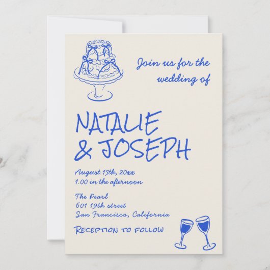 QR Code Hand Drawn Blue Cake Bows Unique Wedding  Kaart (Voorkant)